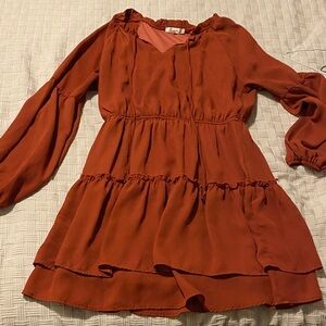 Rust Tiered Long Sleeve Tunic Dress